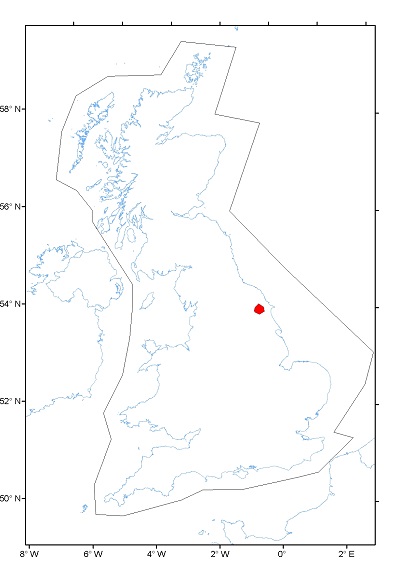 The seismic source zone for
mainland Britain (large polygon) used to estimate average earthquake
activity rate. The red shaded areas show the Vale of Pickering study
area. CLICK FOR A LARGER VERSION