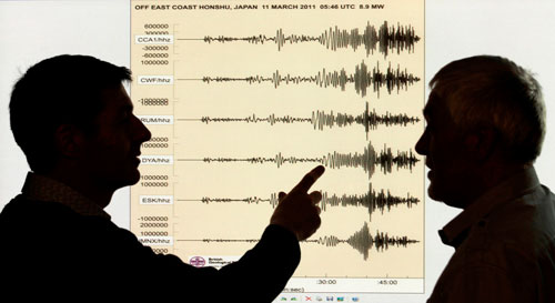 Seismologists analysing Honshu seismograph