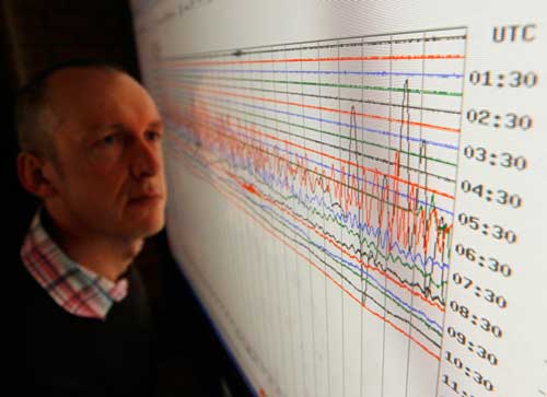 Seismologists analysing Honshu seismograph