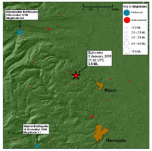 Historical and instrumental seismicity (all magnitudes) within 25 km of the epicentre since 1780